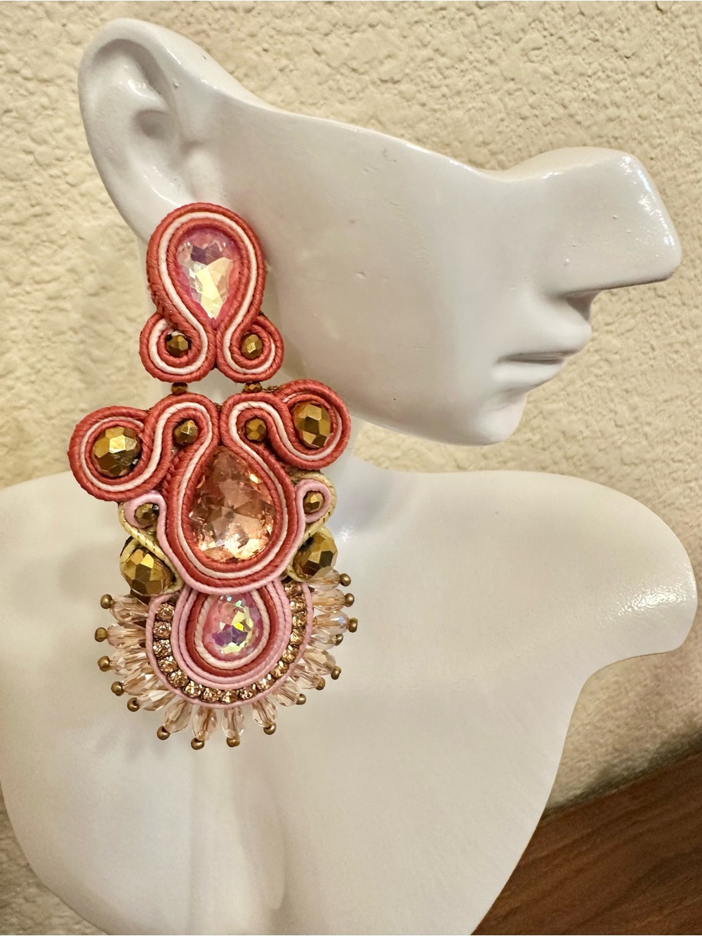 Handmade Mexican Soutache Mauve Statement Crystal Drop Earrings